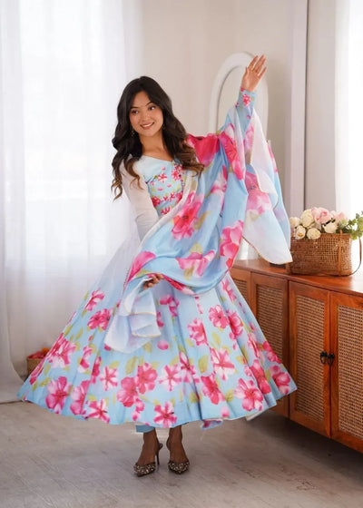 Elegant Anarkali Gown Set - Pure Organza Silk Floral Print Festive Wear for Women