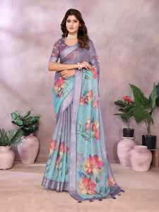 Elegant Aqua Blue Floral Printed Saree - Linen Shimmer Festive Wear for Women