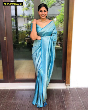 Elegant Aqua Blue Lichi Silk Saree - Rich Jacquard Work for Festive Wear