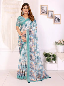 Elegant Aqua Blue Printed Chanderi Saree - Lightweight Festive Wear for Women