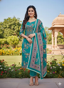 Elegant Aqua Chinon Embroidery Suit Material - Festive Wear for Women
