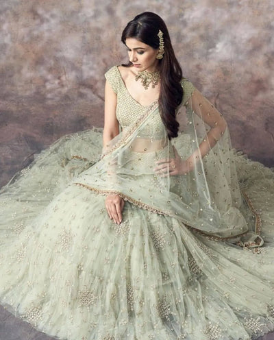 Elegant Aqua Green Lehenga Choli - Sequins & Zari Embroidery for Wedding Wear