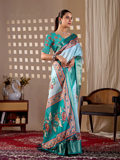 Elegant Aqua Lichi Silk Saree - Printed Designer Collection for Women