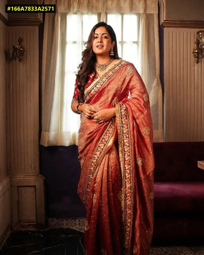 Elegant Banarasi Crush Saree - Gold Sequence Embroidery for Festive Wear