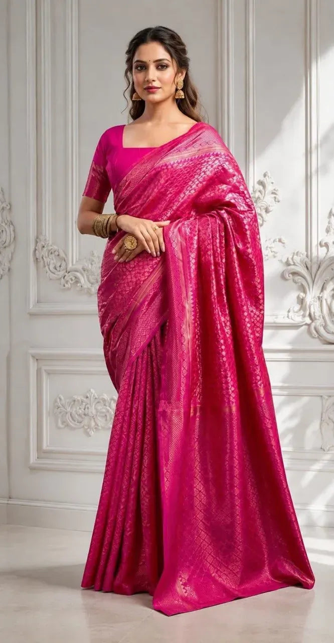 Model in bright magenta pink Banarasi lichi silk saree with rich gold jacquard border