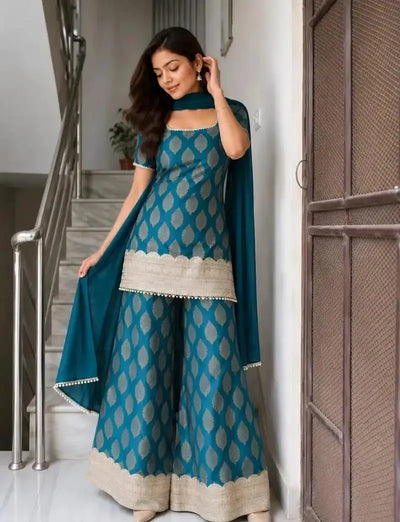 Elegant Banarasi Sharara Suit Set - Heavy Embroidery Festive Wear for Women