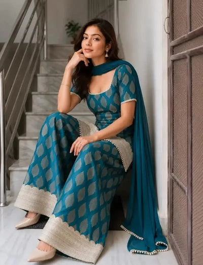 Elegant Banarasi Sharara Suit Set - Heavy Embroidery Festive Wear for Women