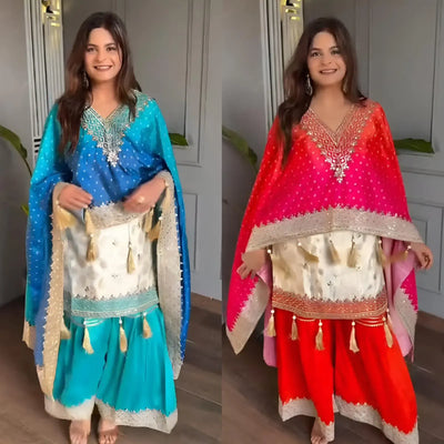 Elegant Banarasi Silk Gharara Suit with Chinon Cape - Festive Wedding Wear for Women