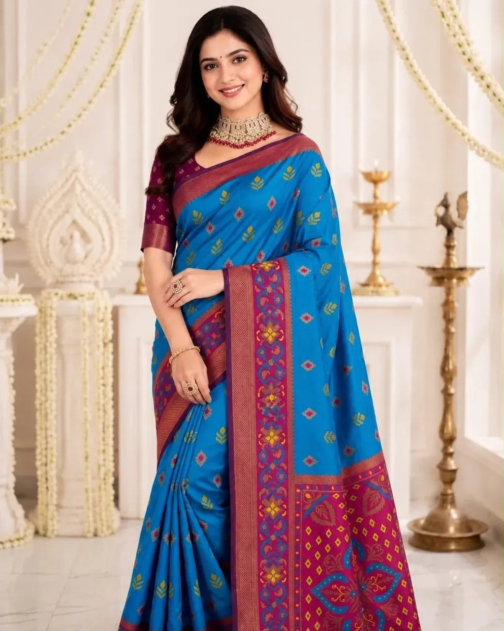 Woman wearing sky blue organic Banarasi saree with magenta border and golden floral motifs