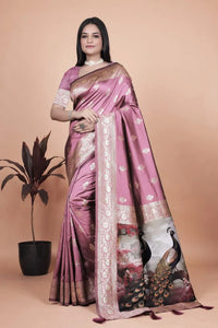 Elegant Banarasi Silk Saree with Artistic Peacock Pallu - Festive Wedding Wear for Women