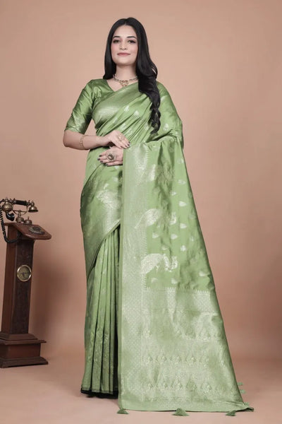 Elegant Banarasi Silk Saree with Gold Zari Peacock Motifs - Festive & Wedding Wear for Women