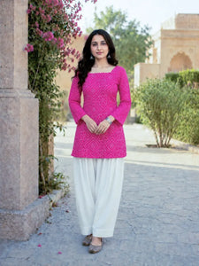 Elegant Bandhej Print Cotton Kurti Set with Farsi Pant | Festive Wear for Women