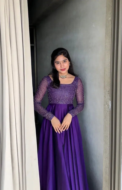Elegant Bead-work Yok Gown - Sparkling Georgette Flare for Evening Parties & Celebrations