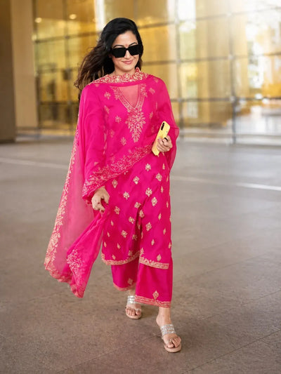 Elegant Berry Silk Embroidered Kurta Set - Straight Fit Festive Wear with Dupatta
