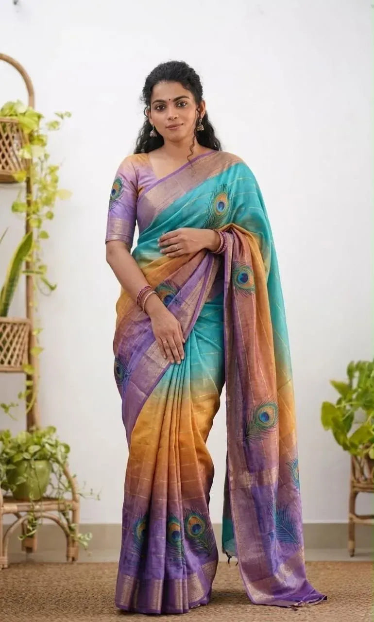Full length view of woman standing in elegant purple and yellow Bhagalpuri Tussar saree