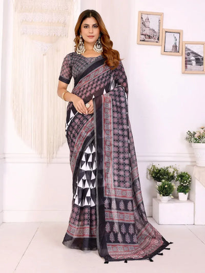 Elegant Black Chanderi Saree - Traditional Geometric Festive Wear