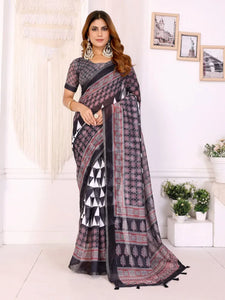 Elegant Black Chanderi Saree - Traditional Geometric Festive Wear