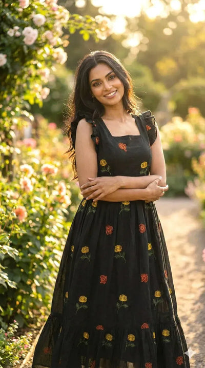 Elegant Black Cotton Midi Dress - Cottage Core Floral Style for Women