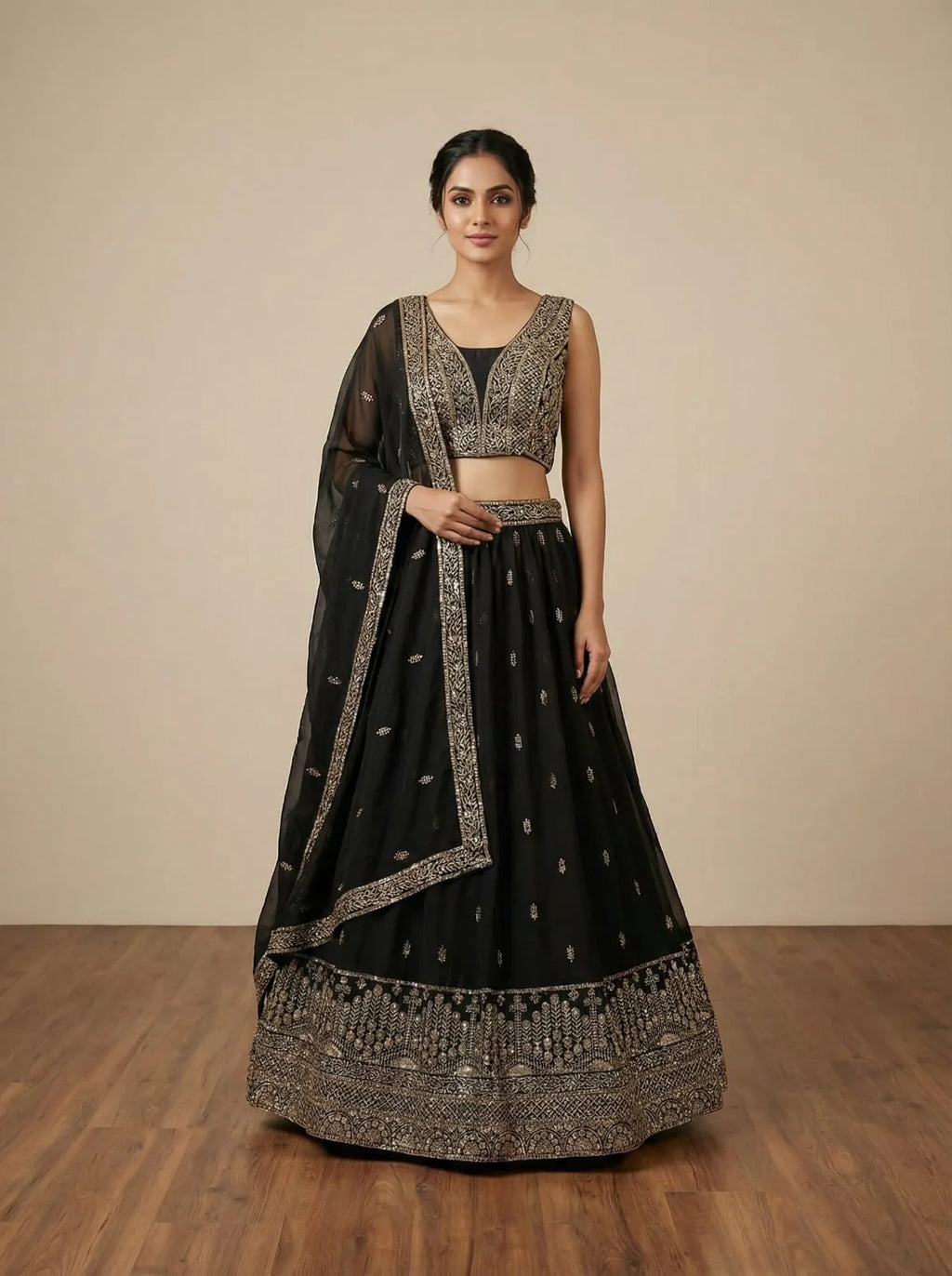 Premium Black Faux Georgette Lehenga with Heavy Zari and Sequence Embroidery