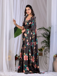 Elegant Black Floral Saree - Soft Georgette Festive Wear for Women