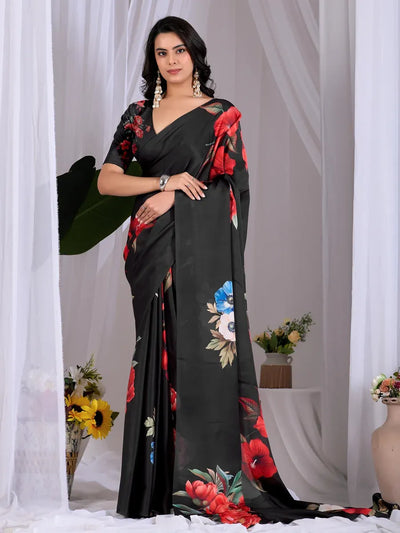 Elegant Black Floral Saree with Blouse for Festive Wear