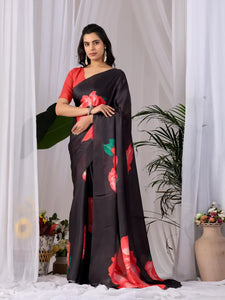 Elegant Black Floral Satin Georgette Saree with Blouse Piece - Festive Wear for Women