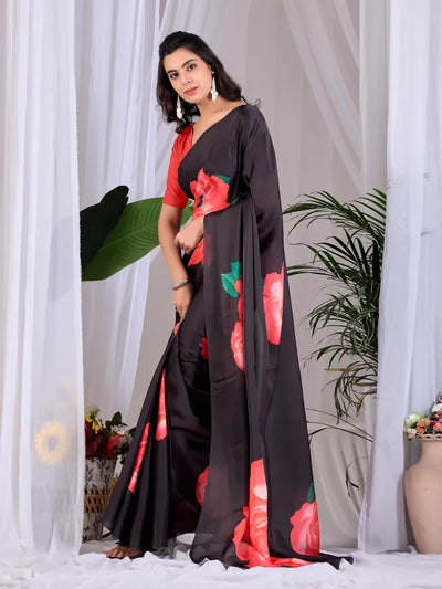 Elegant Black Floral Satin Georgette Saree with Blouse Piece - Festive Wear for Women