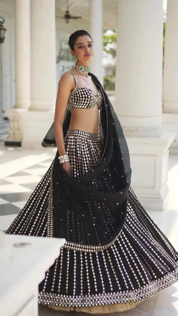Elegant Black Organza Lehenga Choli - Mirror Work for Weddings