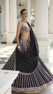 Elegant Black Organza Lehenga Choli - Mirror Work for Weddings
