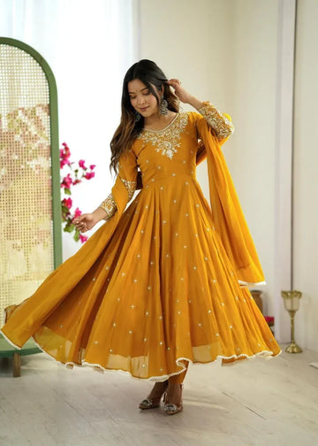 Elegant Blooming Faux Anarkali Gown Set - Rainbow Sequin Festive Wear for Women