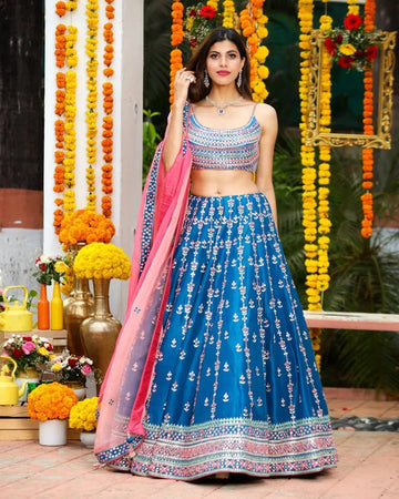 Elegant Blue Chinon Lehenga Choli - Sequin & Thread Embroidery for Weddings