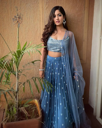 Elegant Blue Georgette Lehenga Choli - Embroidered Wedding Wear for Women