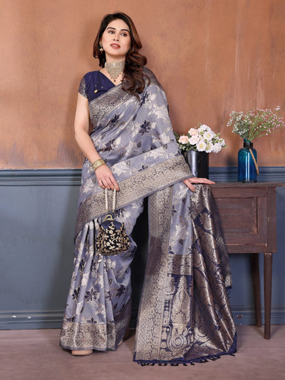Elegant Blue Pure Cotton Spun Saree - Intricate Zari Weaving Design