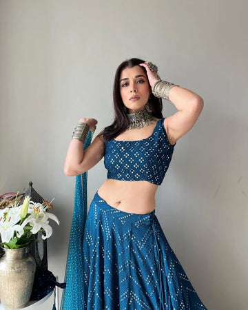 Elegant Blue Sequin Lehenga - Thread Embroidered Faux Georgette for Wedding Wear