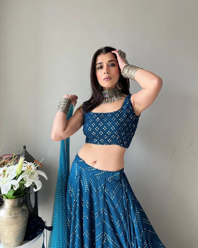 Elegant Blue Sequin Lehenga - Thread Embroidered Faux Georgette for Wedding Wear