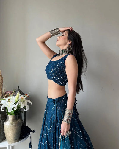 Elegant Blue Sequin Lehenga - Thread Embroidered Faux Georgette for Wedding Wear