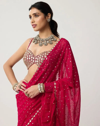Elegant Bollywood Sequins Crush Pleated Saree with Heavy Mirror Work Blouse for Festive Women