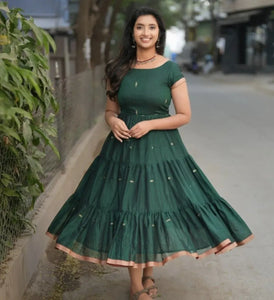Elegant Bottle Green Anarkali Midi Dress with Tiered Flare for Festive Wear