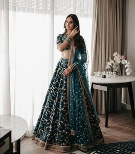 Elegant Bottle Green Velvet Lehenga - Sequin & Embroidery for Wedding Wear