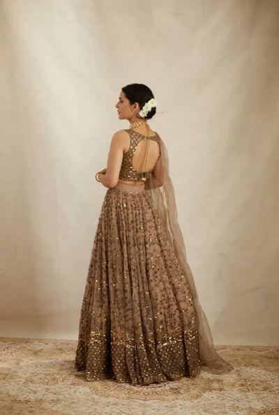 Elegant Brown Net Lehenga - Zari & Sequin Embroidery for Festive Weddings