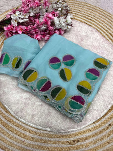 Elegant Brush Print Chiffon Saree with Jarkan Work for Festive Wear