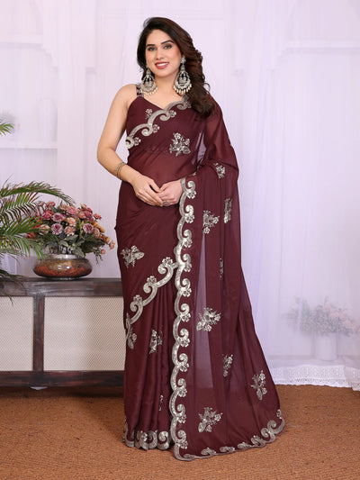 Elegant Burgundy Georgette Saree - Embroidered for Party Wear