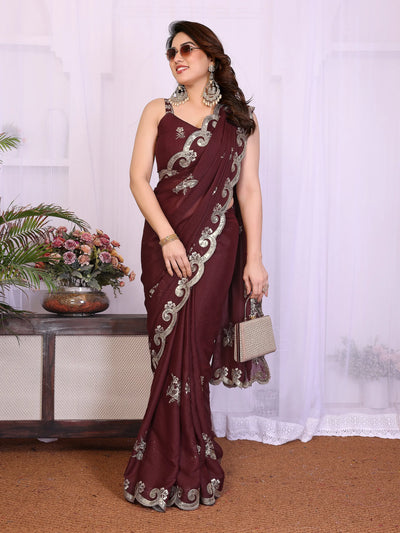 Elegant Burgundy Georgette Saree - Embroidered for Party Wear