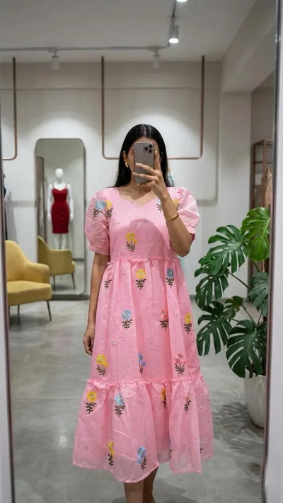 Elegant Chanderi Cotton Maxi Dress - Embroidered Festive Wear for Women