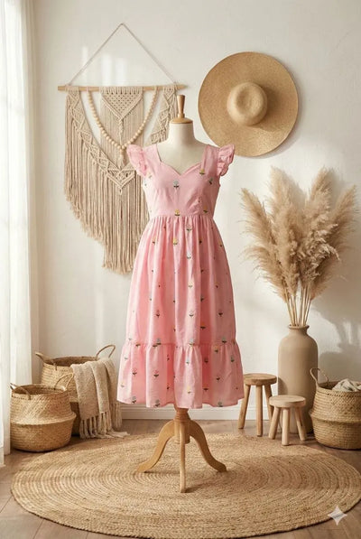 Elegant Chanderi Cotton Maxi Dress - Floral Embroidery