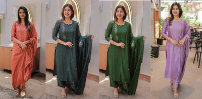 Elegant Chanderi Cotton Straight Kurti Set with Dupatta for Women