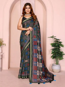 Elegant Chanderi Saree - Digital Printed Multicolor Checkered Festive Wear for Women