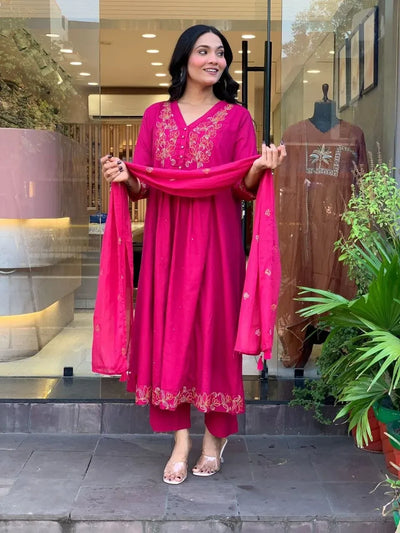 Elegant Chanderi Silk Embroidered Suit Set with Dupatta - Festive Party Wear for Women