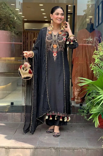 Elegant Chanderi Suit Set - Embroidered Party Wear with Dupatta for Women
