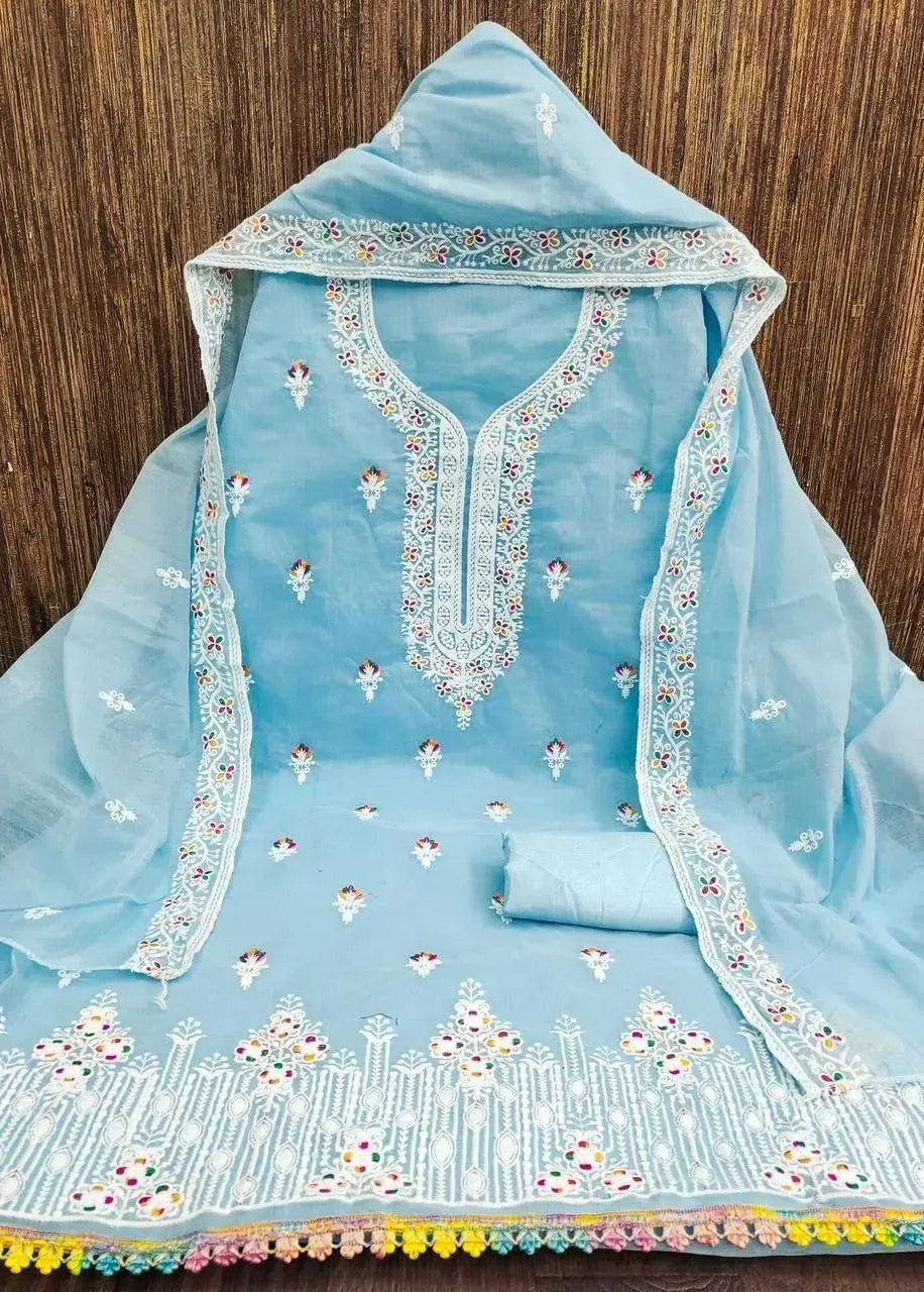 Premium Chanderi Unstitched Suit Set with Heavy Neck Embroidery